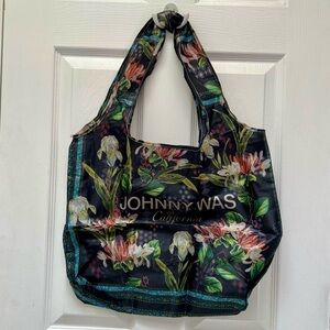 Johnny Was Black Floral Reusable Tote with Green Leaves and Pink Blooms One Size